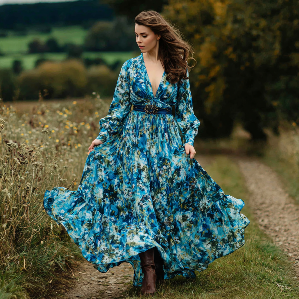 Blue Floral Print Chiffon Maxi Dress With Deep V-Neck And Belted Waist For Women