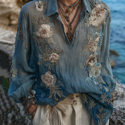 Women's Vintage Bohemian Floral Linen Shirt