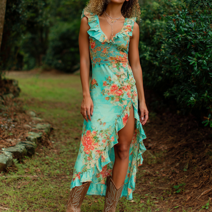 Floral Print Chiffon Maxi Dress With Ruffle Details And Asymmetrical Hem For Women