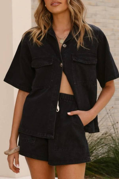 Loose-fitting Workwear Style Short-Sleeved Shirt and Shorts Set
