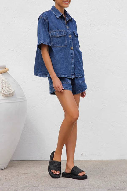 Loose-fitting Workwear Style Short-Sleeved Shirt and Shorts Set