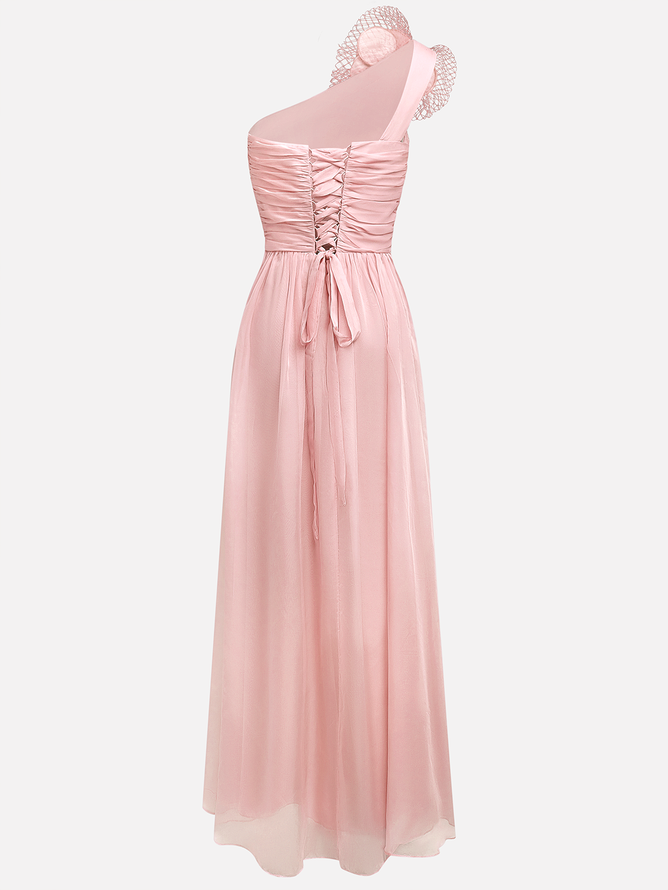Pink Removable 3D Floral Chiffon One Shoulder Sleeveless Sheath Gown Dress