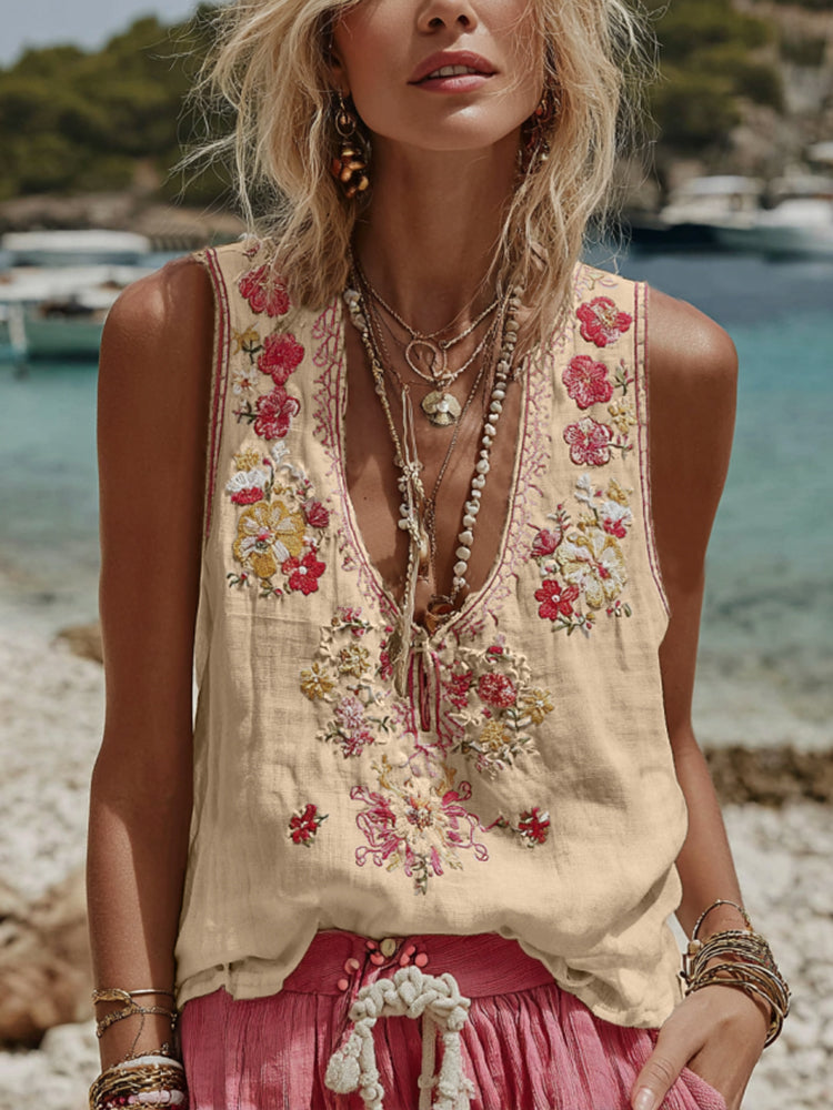 Women's Vintage Floral Embroidery Casual Sleeveless Top 50de