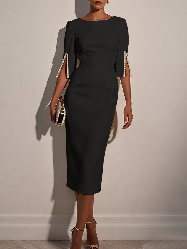 White Faux Pearl Classic Crew Neck Half Sleeve Sheath Midi Dress
