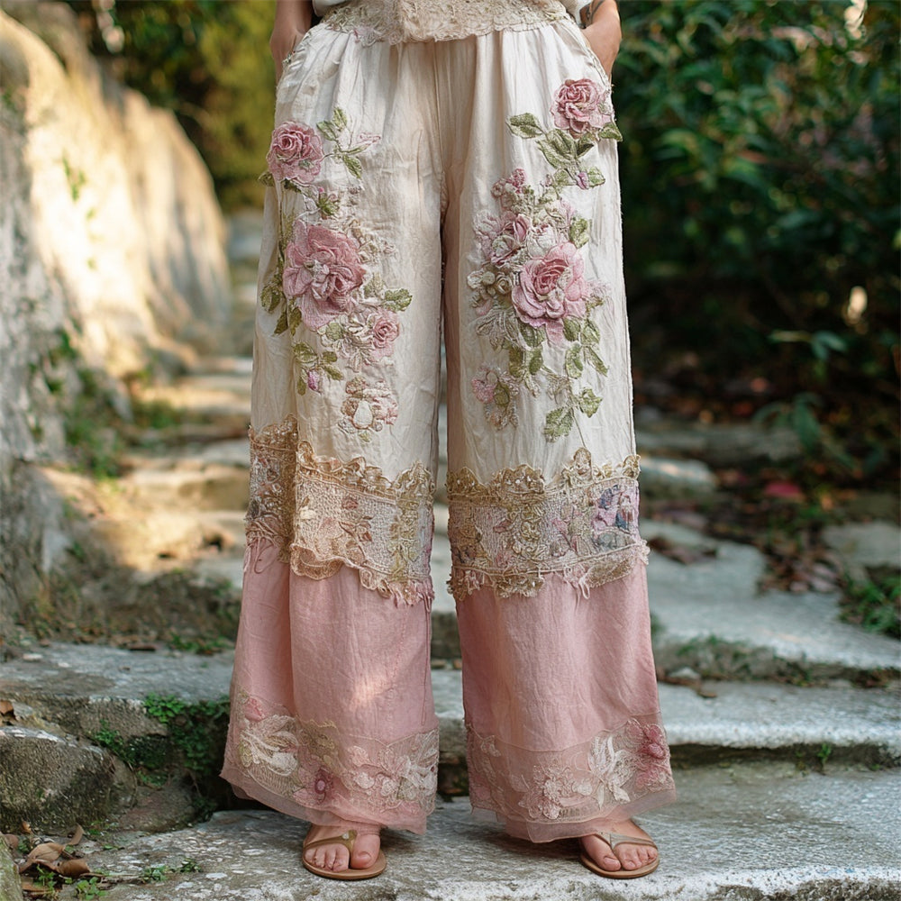 Boho Vintage Floral Lace Patchwork Art Women's Linen Trousers
