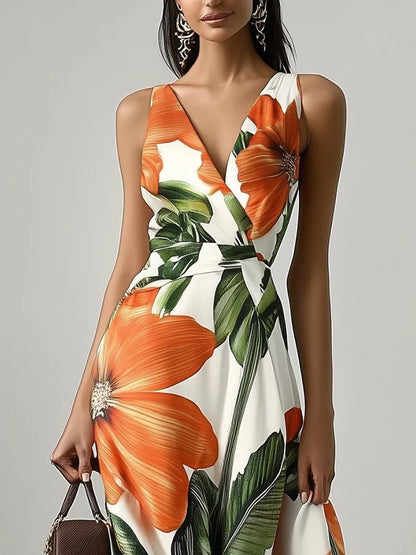 Orange Floral Satin V Neck Sleeveless A-Line Maxi Dress With Pockets