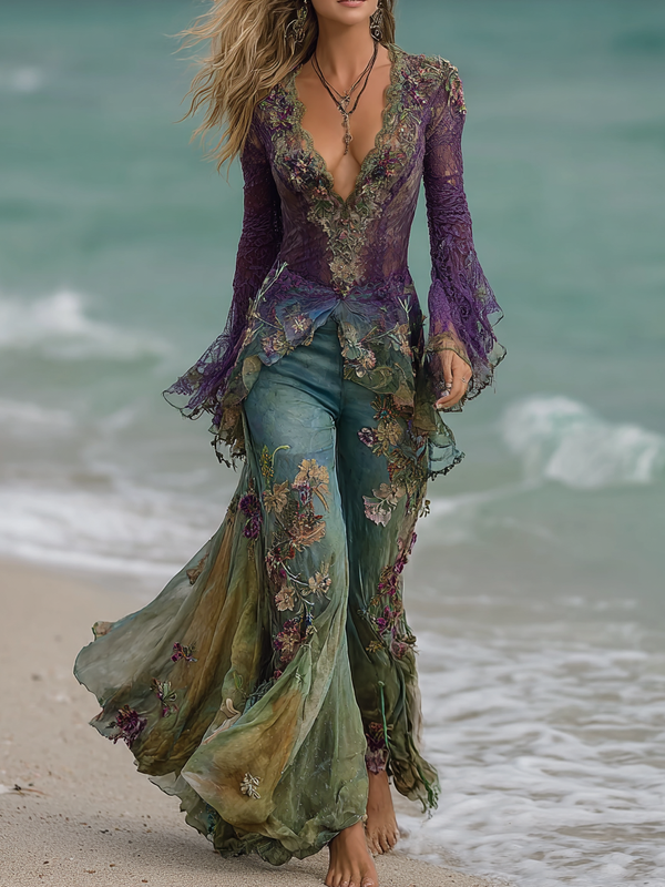 Seaside lace embroidered retro top + pants set 1474