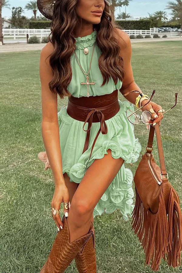 Delicate Romantic Drama Chiffon Wavy Ruffles Halter Irregular A-line Top