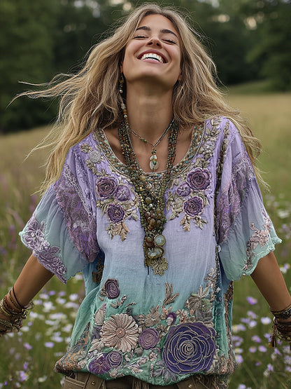 Classy Gradient Purple Lavender And Floral Embroidered Linen Short Sleeve T-shirt 2a25