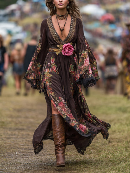Floral Print Chiffon Bohemian Maxi Dress With Deep V-Neck And Bell Sleeves