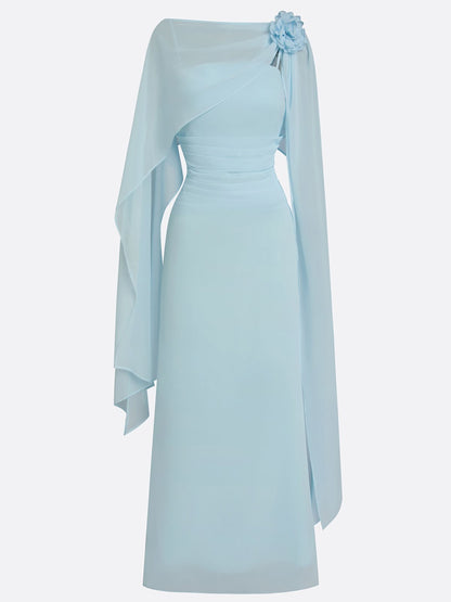 Light Blue 3D Floral Chiffon Boat Neck Cap Sleeve Sheath Gown Dress