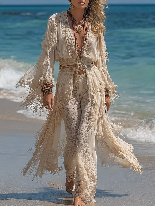 Autumn seaside long-sleeved contrasting retro top + pants set 97fc
