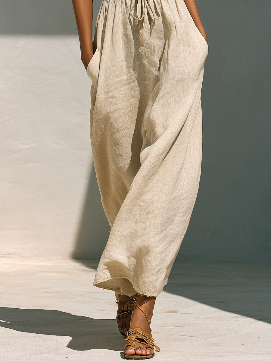 Women’s Beige Linen-Blend Square Neck Puff Sleeve Smocked Waist Maxi Dress With Pockets MDZ2235D5T