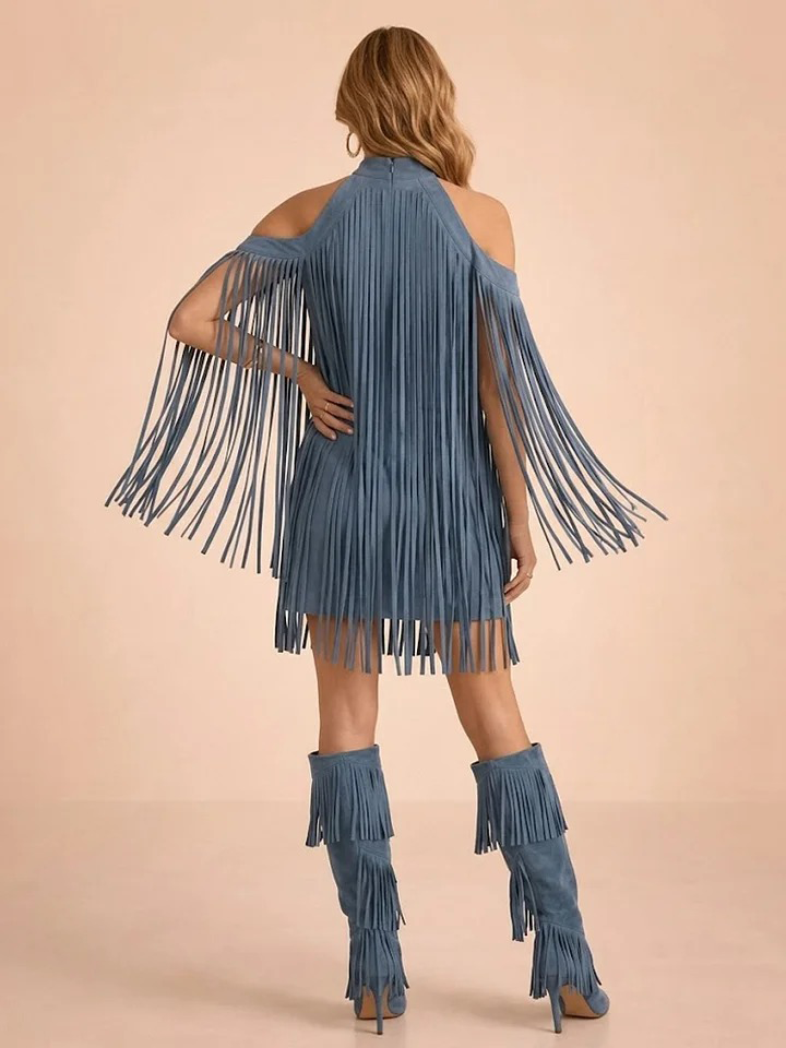 Faux Suede Fringe Dress Women's Off-Shoulder High Neck Mini Dress Boho Style Party Outfit