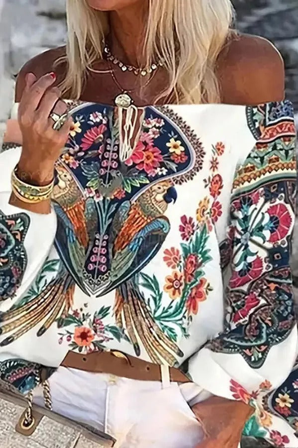 Lilly Floral Bird Print Off Shoulder Top