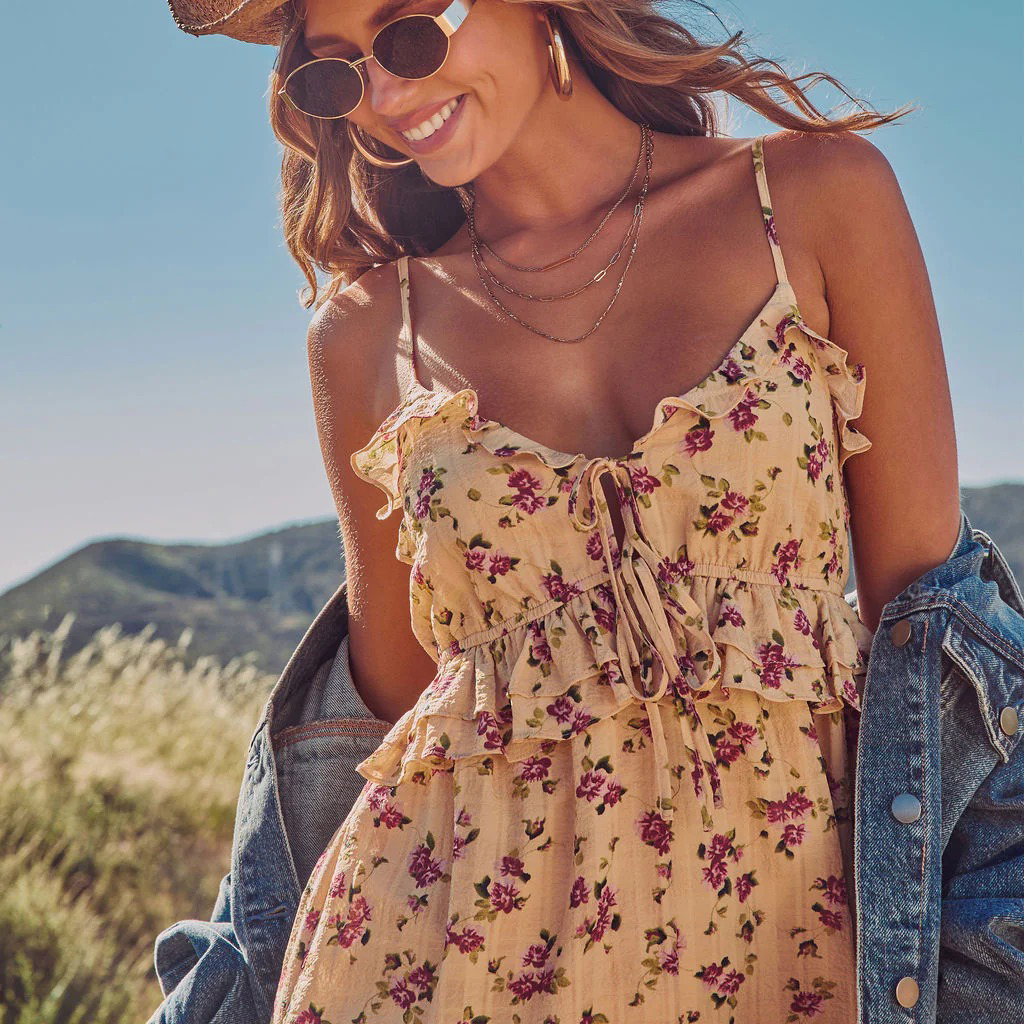 Western Spring Outfits Cotton Blend Floral Print Ruffle Strap Mini Dress Summer Boho Style Romper