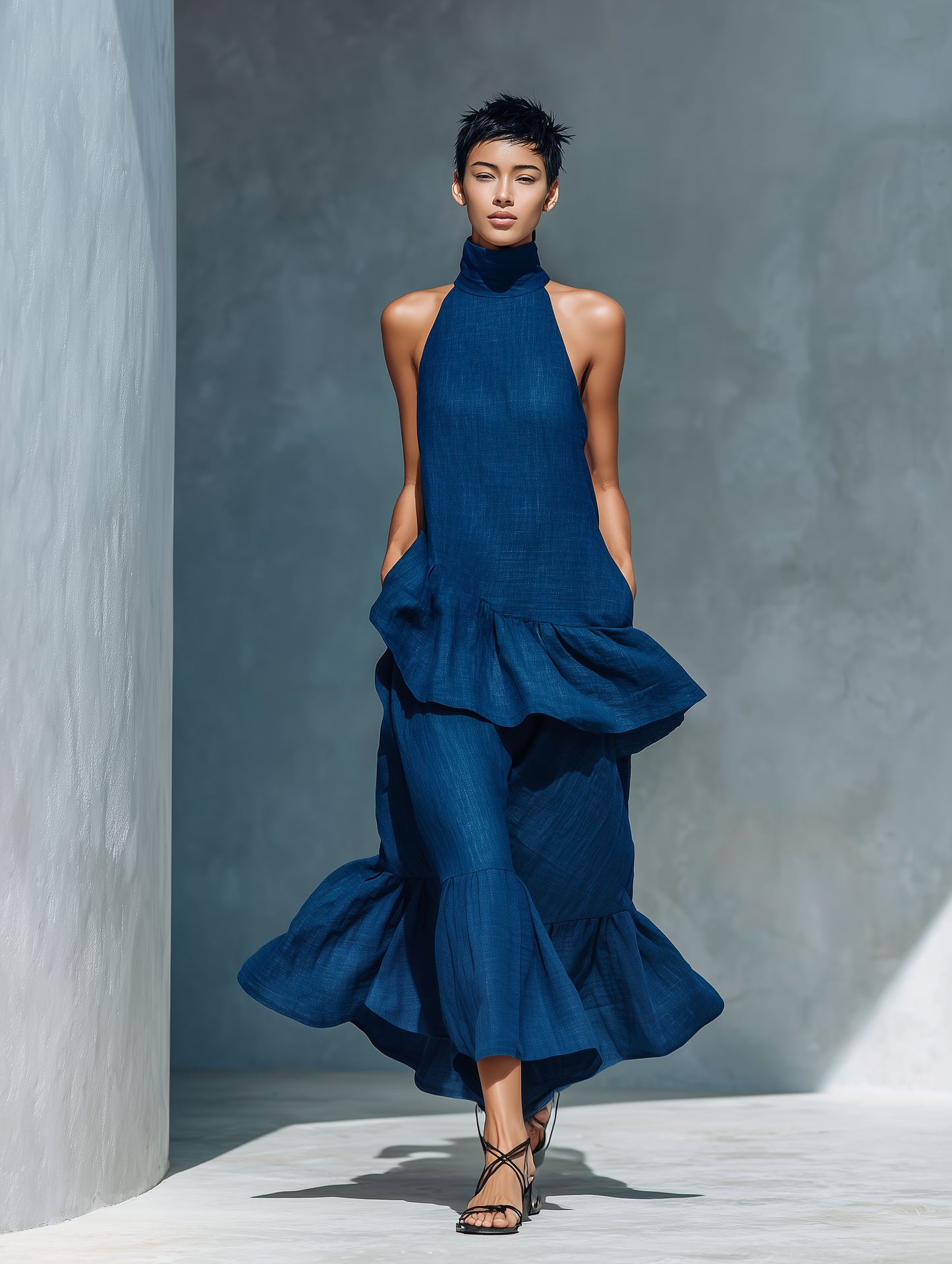 Women’s Indigo Blue Linen-Blend Sleeveless High Neck Tiered Ruffle Maxi Dress MDZ2217D7T