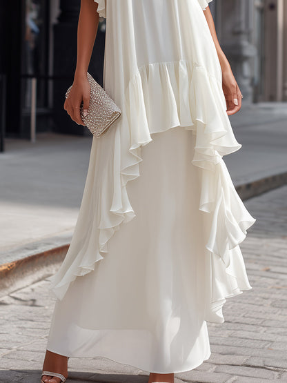 Layered Ruffle Sleeve Asymmetric Tiered Maxi Dress