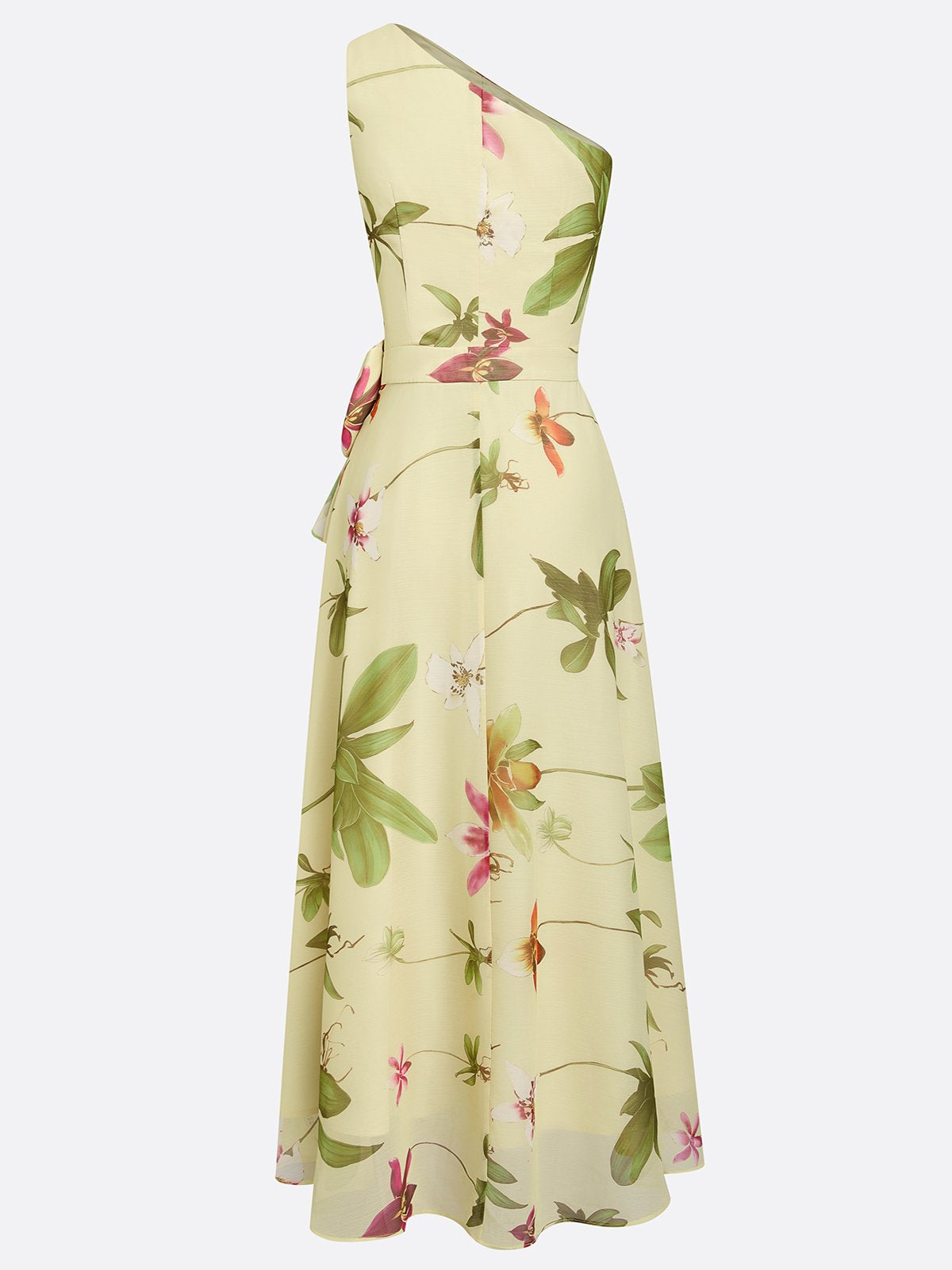 Yellow Floral Bow Chiffon One Shoulder Sleeveless A-Line Maxi Dress