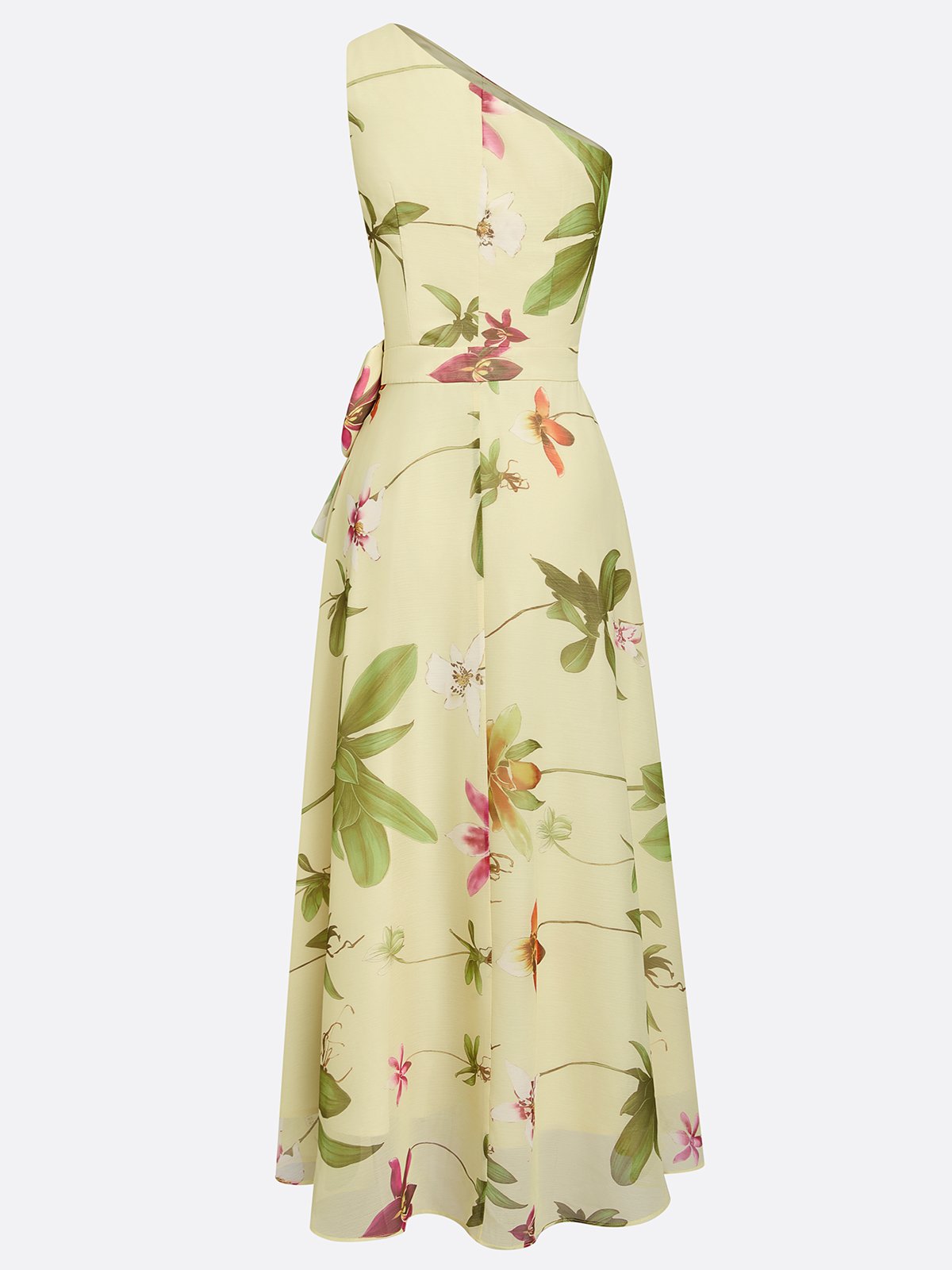 Yellow Floral Bow Chiffon One Shoulder Sleeveless A-Line Maxi Dress
