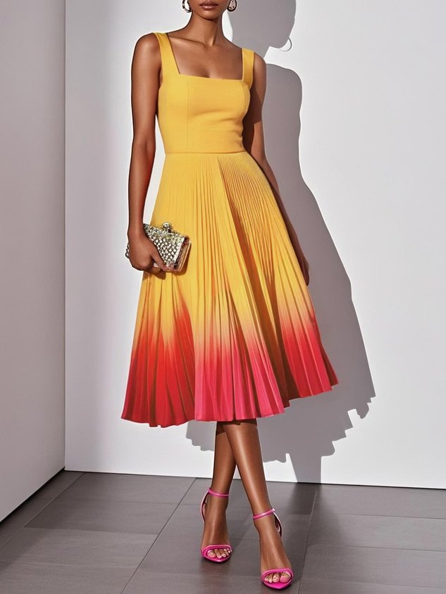 Orange Ombre Pleated Classic Square Neck Sleeveless A-Line Midi Dress