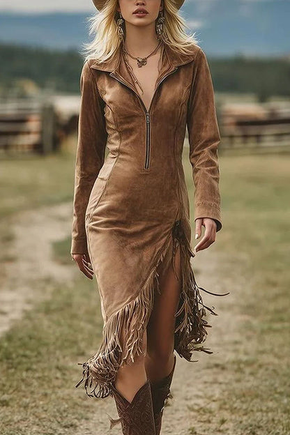Fashionable Suede Long-sleeved Irregular Tassel Hem Slim Midi Dress