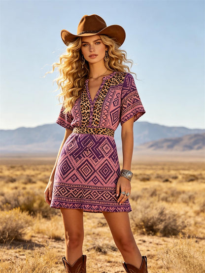 Women's Western Cowboy Cotton Printed Boho Western Dress With Leopard Trim And V-Neck Design