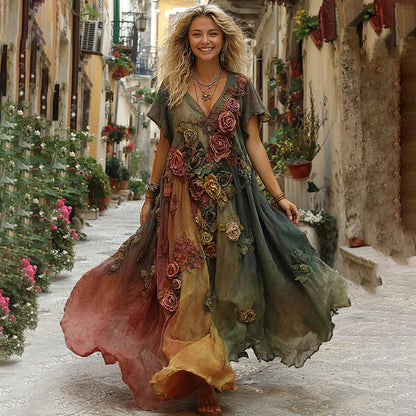 The Sunset Collection Vintage Rose And Floral Gradient Art Linen V Neck Maxi Dress