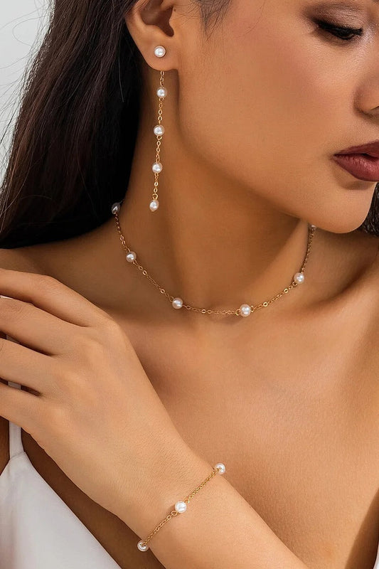 Faux Pearls Alloy Chain Fashionable Dangle Earrings Jewelry Set