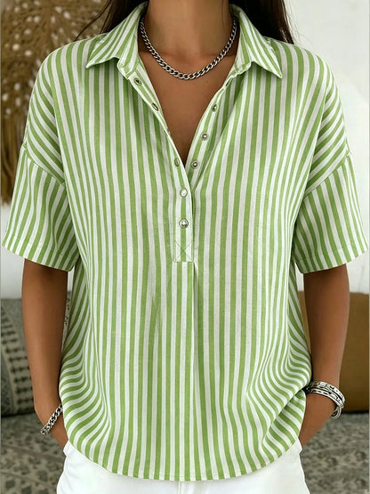 Casual Striped Polo Collar Snap Buttons Cotton-linen Shirt