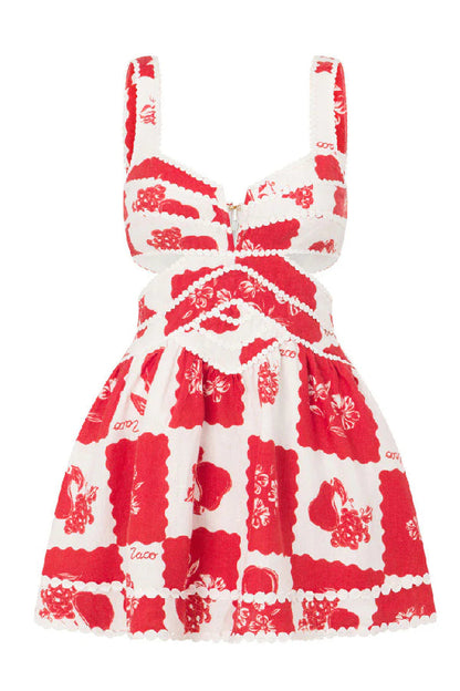 Linen Blend Unique Print Cut-out Pocket Mini Dress