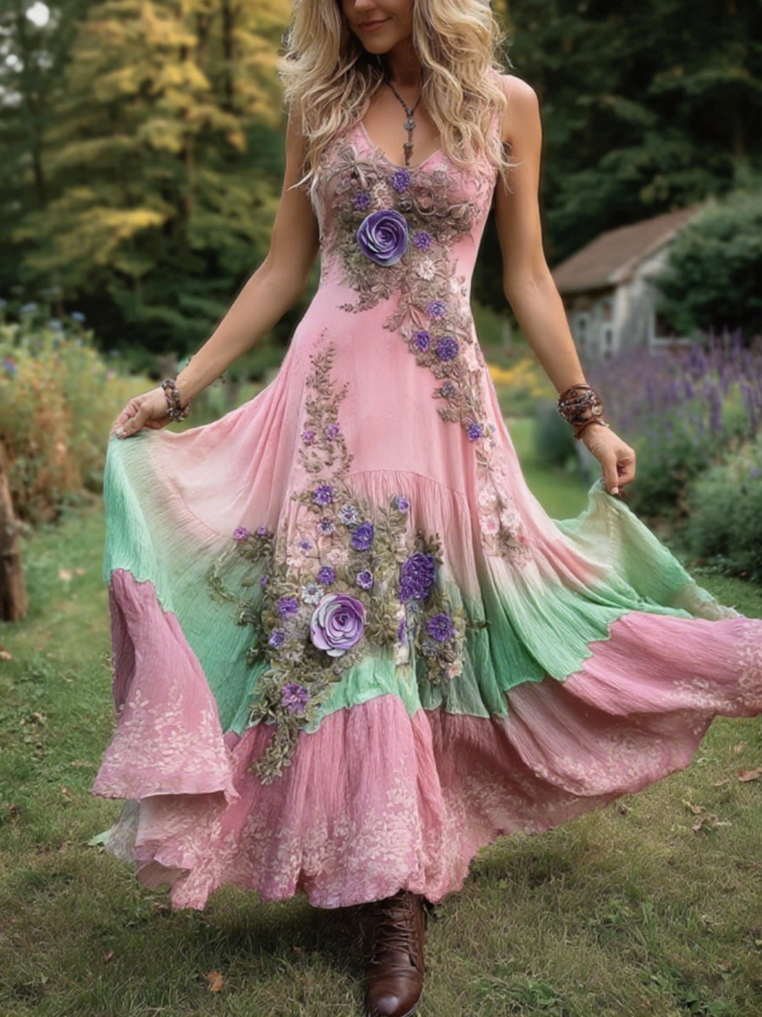 Classy Gradient Purple Lavender And Floral Embroidered Linen Maxi Dress 06e3