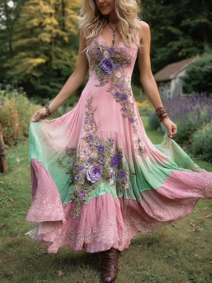 Classy Gradient Purple Lavender And Floral Embroidered Linen Maxi Dress 06e3