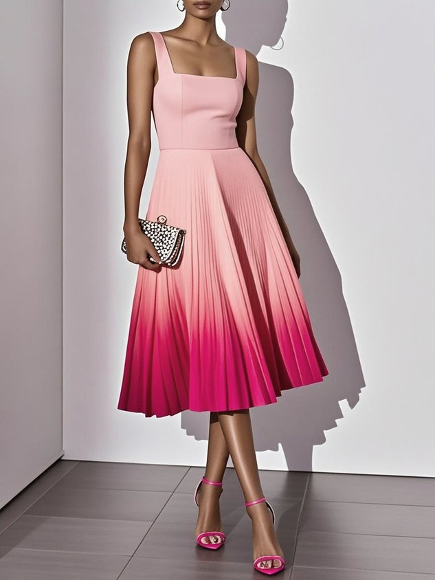 Orange Ombre Pleated Classic Square Neck Sleeveless A-Line Midi Dress