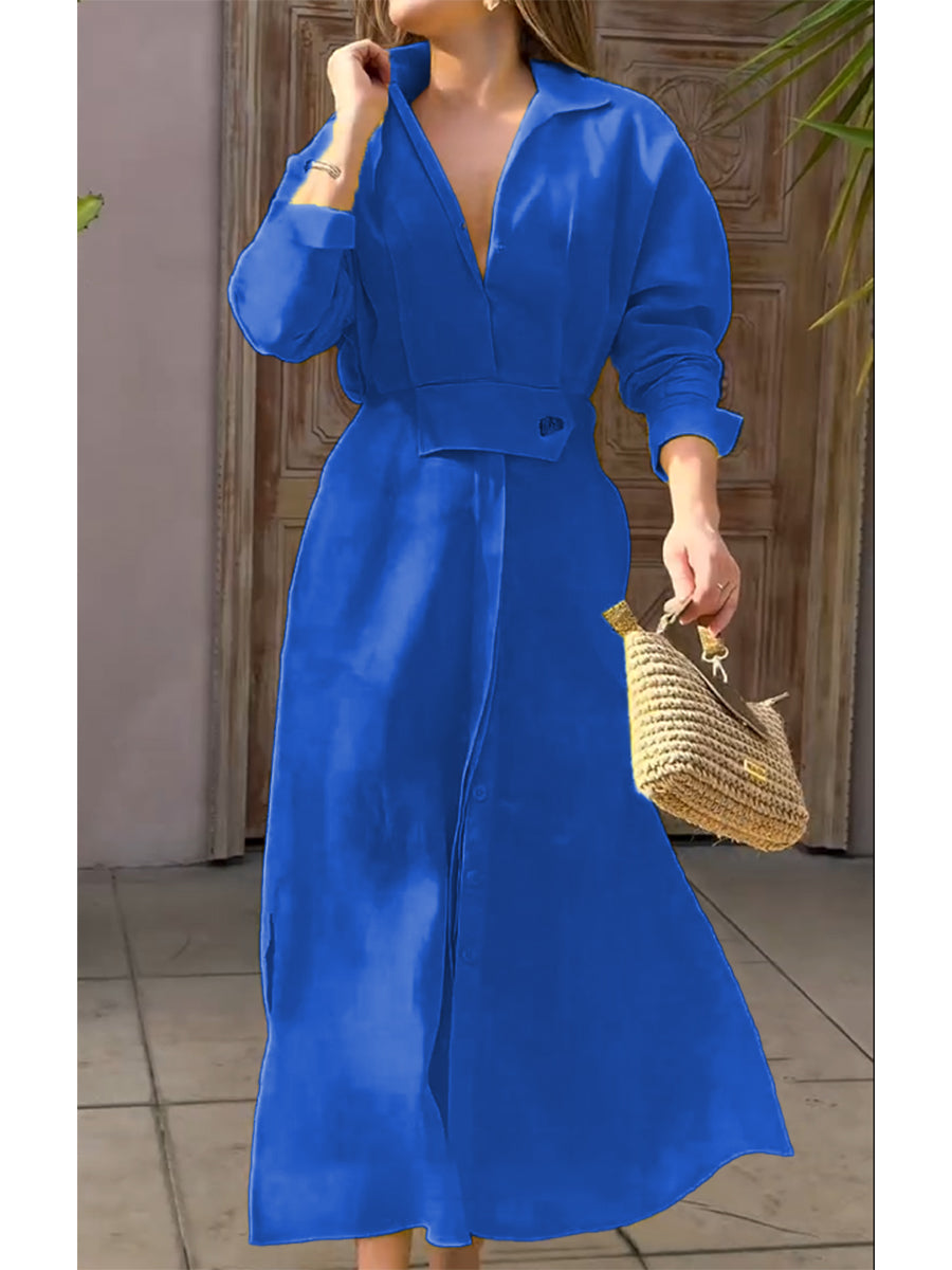 Women's Waisted Linen Cotton Long Sleeve Dress