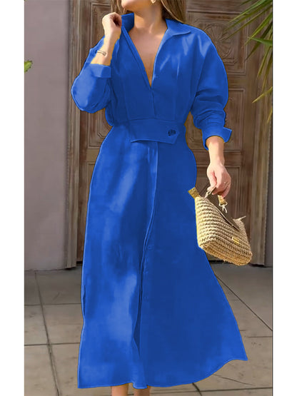 Women's Waisted Linen Cotton Long Sleeve Dress