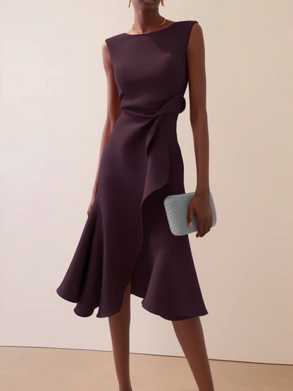 Purplish Blue Waist Twist Ruffled Sleeveless A-Line Midi Dress