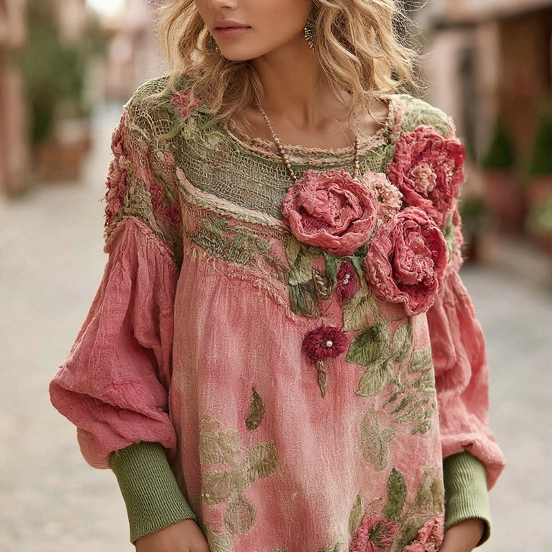 Women's Bohemian Floral Colorblock Casual Comfortable Crew Neck Sweatshirt