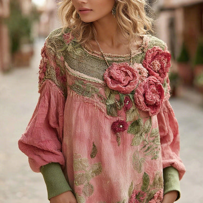 Women's Bohemian Floral Colorblock Casual Comfortable Crew Neck Sweatshirt