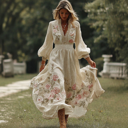 Women's Retro Bohemian Art Floral V-neck Long-sleeved Dress.