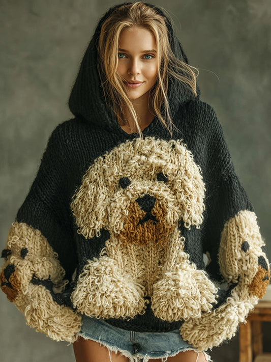Vintage Fluffy Cute Dogs Felt Cozy Knit Hooded Sweater