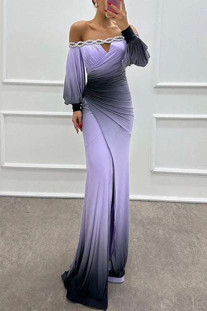 Gradient Print Boat Neck Off Shoulder Gem Detail Slit Gown Maxi Dress
