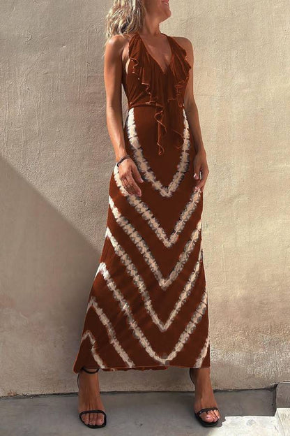 Kyra Ruffle Halter Neck Lace-up Waist Tie-dye Print Maxi Dress