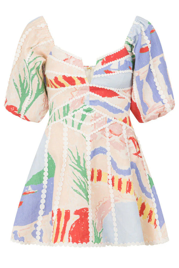 Linen Blend Trims Unique Print Puff Sleeve Mini Dressc