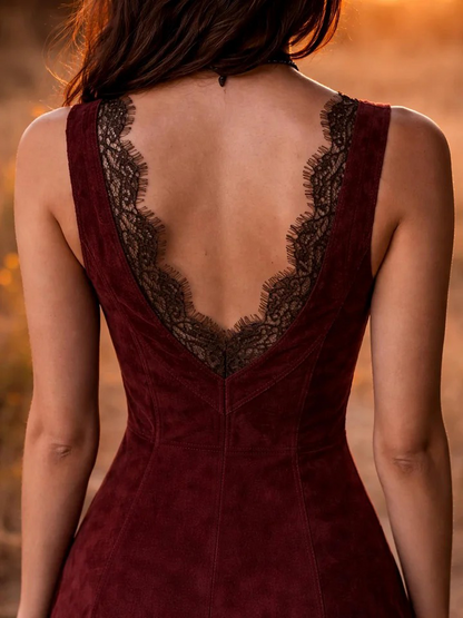 Faux Suede Fringe Dress With Lace Trim Deep V-Back Mid-Length Bodycon Dress For Women