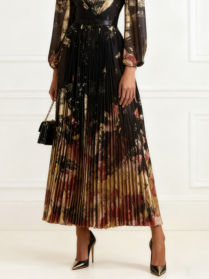 Black Floral Chiffon V Neck Long Sleeve Balloon Sleeve A-Line Maxi Dress