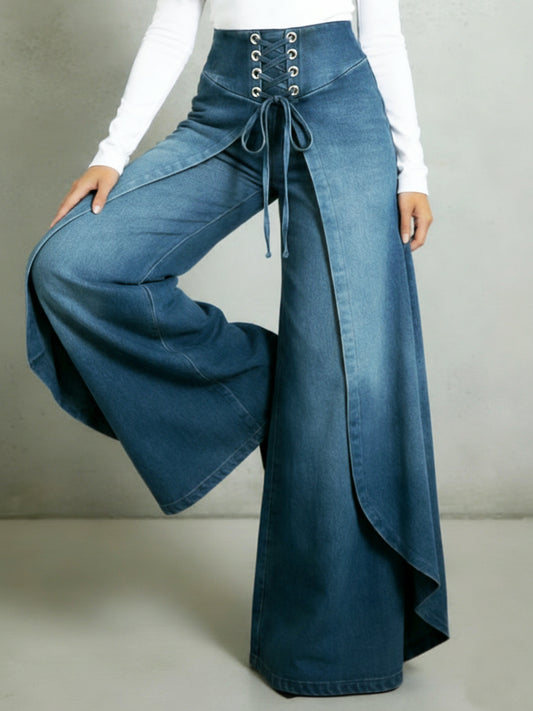 Retro High-waisted Ruffled Hem Tie-waist Loose-fitting Denim Jeans