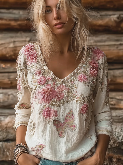 Bohemian Style Floral And Butterfly Pattern Women's Long Sleeves  T-shirt