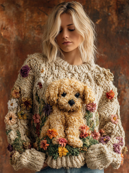 Plush Puppy & Flower Women's Chunky Knit Twist Crew Neck Sweater