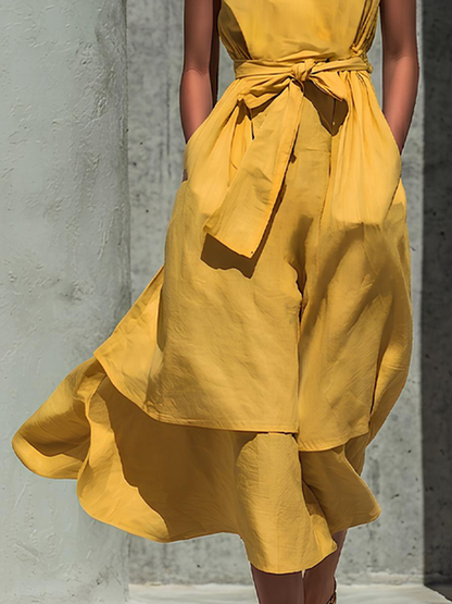 Women’s Yellow Linen-Blend Sleeveless Round Neck Belted Layered Midi Dress MDZ2466D4T